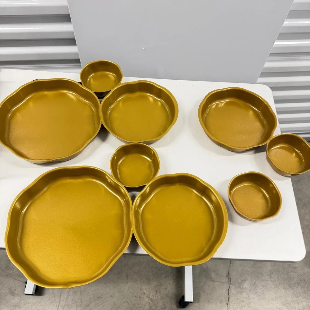 9 Piece Gold Scalloped Serving Bowl Set Metallic Nesting Trays Home Decor